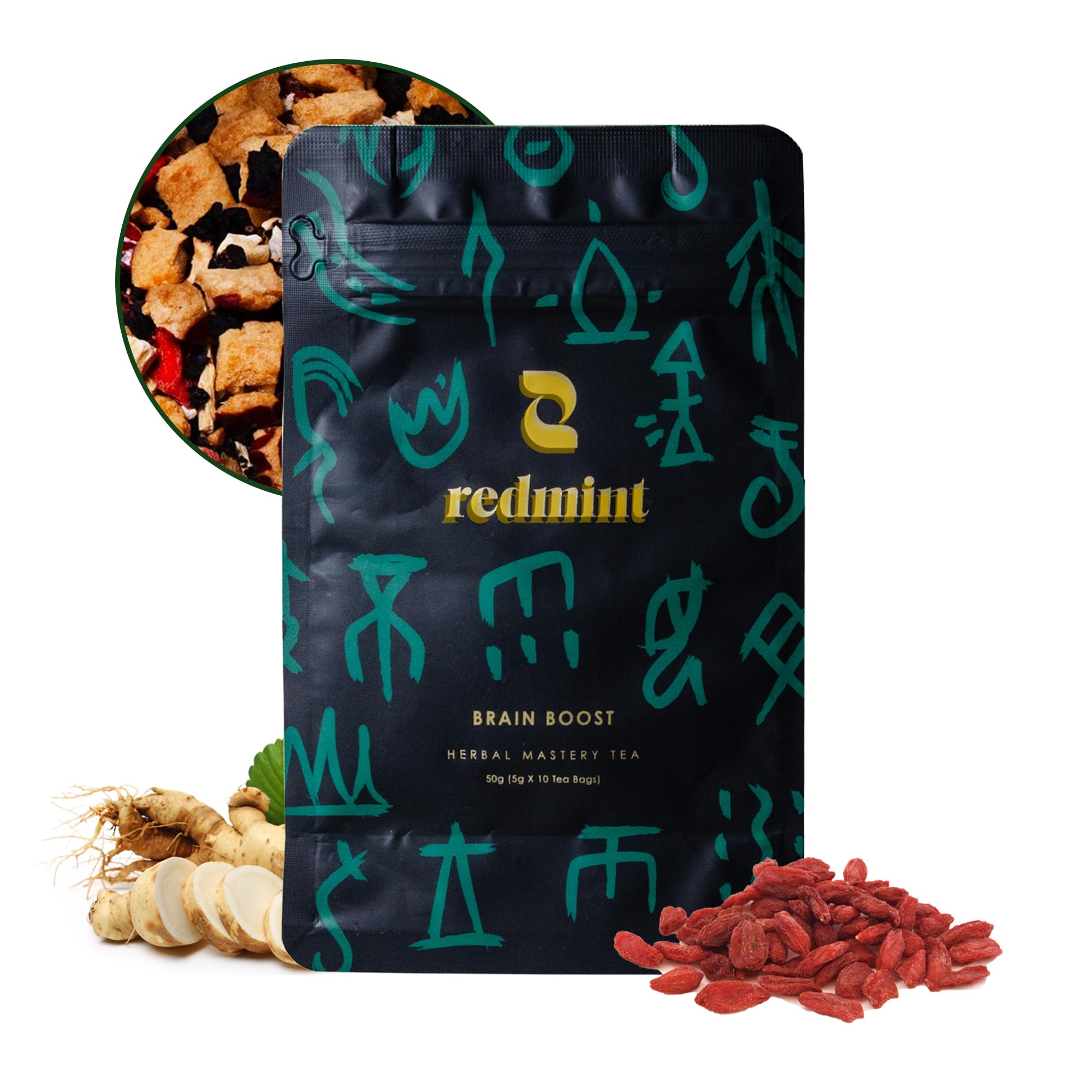 Redmint Herbal Tea Mastery - Brain Boost, Five Treasures Tea for Focus and Energy, Natural Ginseng and Mulberry Chinese Herbal Tea with Goji Berry