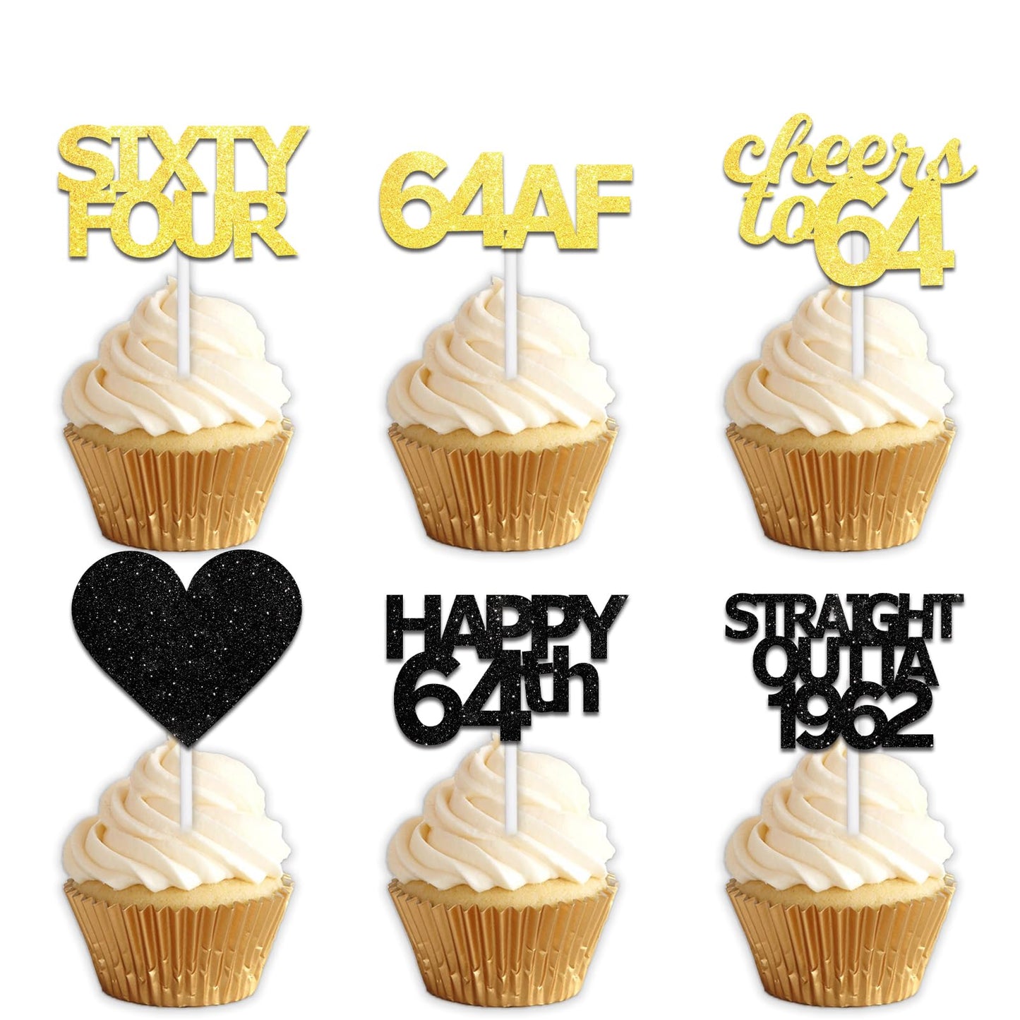 18pcs Black Gold Glitter Dessert Cupcake Pick for Straight Outta 1962 Cheer to 64 Years Old Theme Decor Supplies Happy 64th Birthday Party Decoration