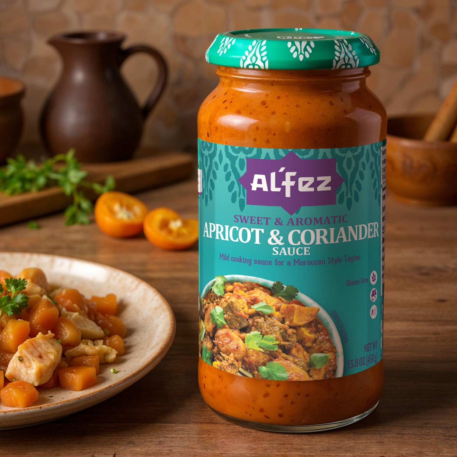 Al’Fez Apricot and Coriander Sauce - 15.8 oz Jar (Pack of 3) - Mild Tomato-Based Cooking Sauce w/Aromatic & Herby Sweet Flavor - Perfect for Moroccan