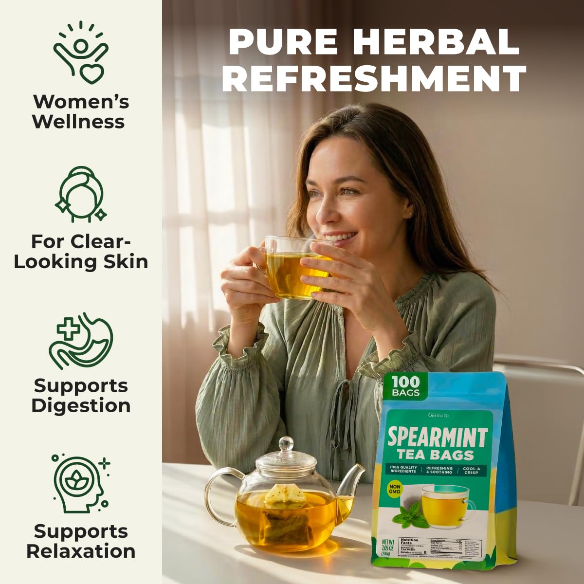 Gya Tea Co Spearmint Leaf Tea Bags (100 Bags) - Caffeine-Free Premium Spearmint Leaves - Non-GMO - Refreshing Mint Tea For Digestion Support