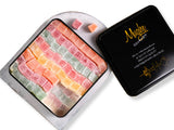 Mughe Gourmet Turkish Delight Candy Elegant Tin Box - 2.87lb/1300g - Halal, Vegan Lokum Fruit Flavors Rose, Strawberry, Lemon, Orange, Mint - Gift