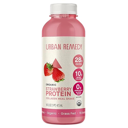 Urban Remedy Strawberry Protein Collagen Meal Shake, 16 oz - 28g Protein, 10g Organic Grass-Fed Collagen, No Added Sugar, Dairy-Free