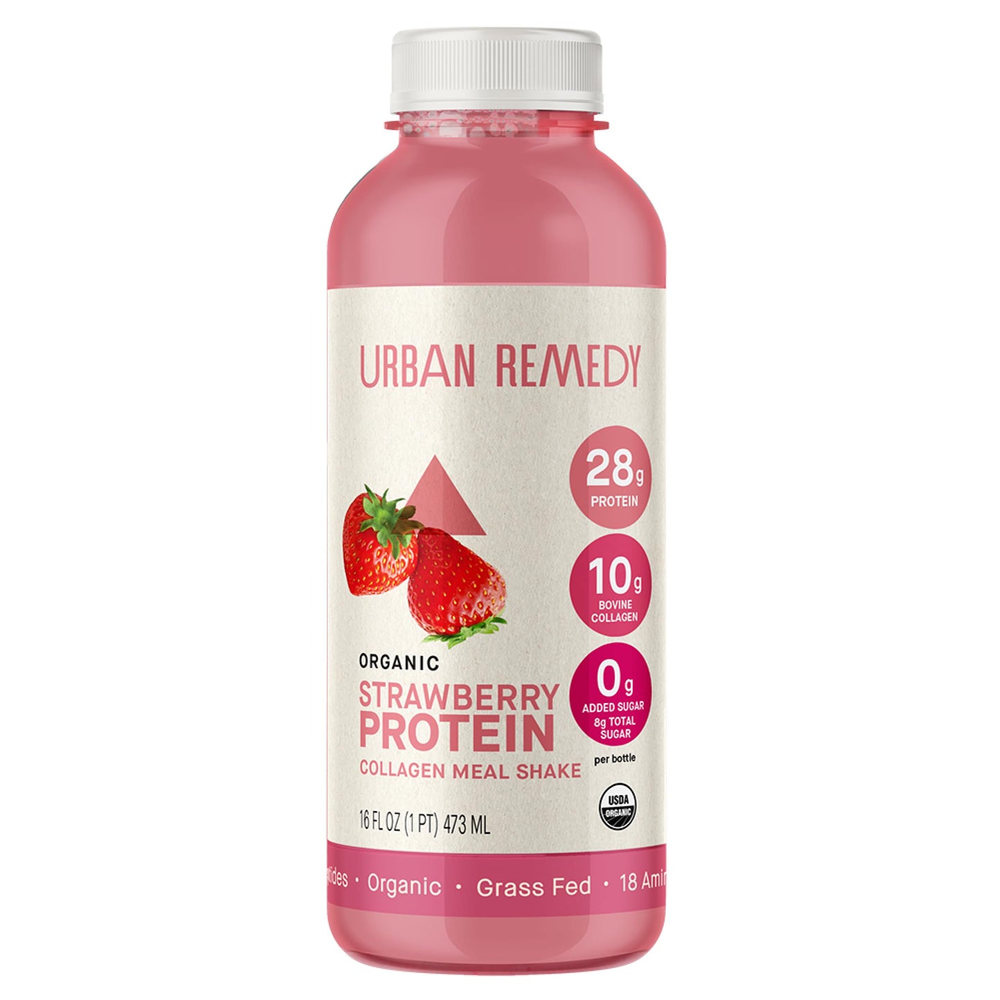 Urban Remedy Strawberry Protein Collagen Meal Shake, 16 oz - 28g Protein, 10g Organic Grass-Fed Collagen, No Added Sugar, Dairy-Free