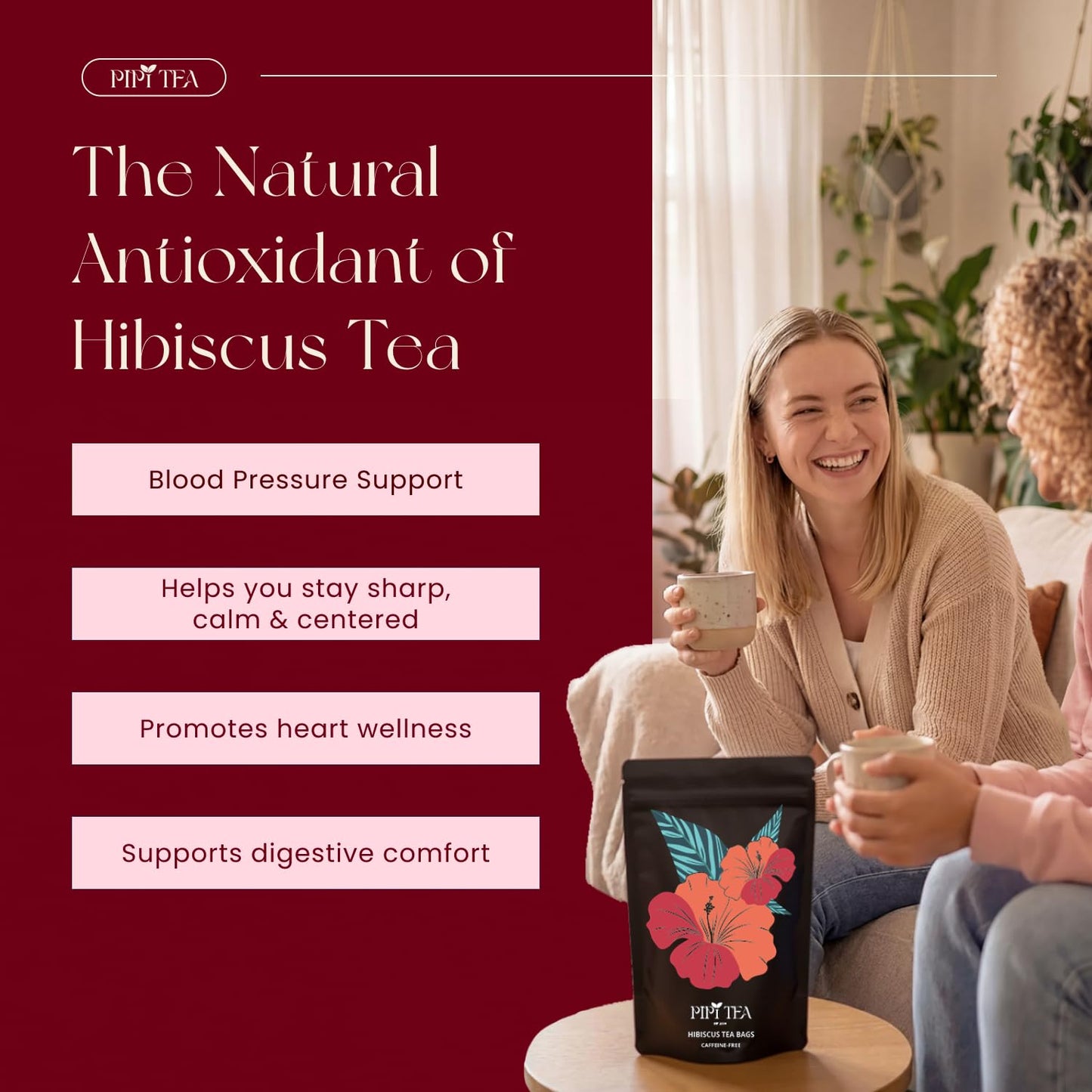 PiPi Tea Organic Hibiscus Tea Bags - Caffeine Free Herbal Tea Rich in Antioxidants, Non-GMO & Vegan, Sourced from Premium Hibiscus Flowers for Daily