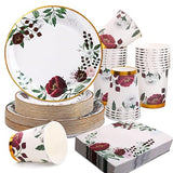 Gudvilla 200Pcs Floral Paper Plates and Napkins Party Supplies - Bridal Shower Decorations Serves 50, Burgundy for Wedding, Birthday, Valentine's Day