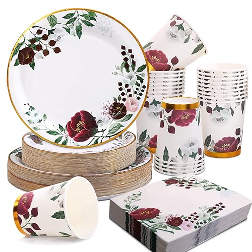 Gudvilla 200Pcs Floral Paper Plates and Napkins Party Supplies - Bridal Shower Decorations Serves 50, Burgundy for Wedding, Birthday, Valentine's Day