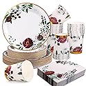 Gudvilla 200Pcs Floral Paper Plates and Napkins Party Supplies - Bridal Shower Decorations Serves 50, Burgundy for Wedding, Birthday, Valentine's Day