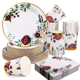 Gudvilla 200Pcs Floral Paper Plates and Napkins Party Supplies - Bridal Shower Decorations Serves 50, Burgundy for Wedding, Birthday, Valentine's Day
