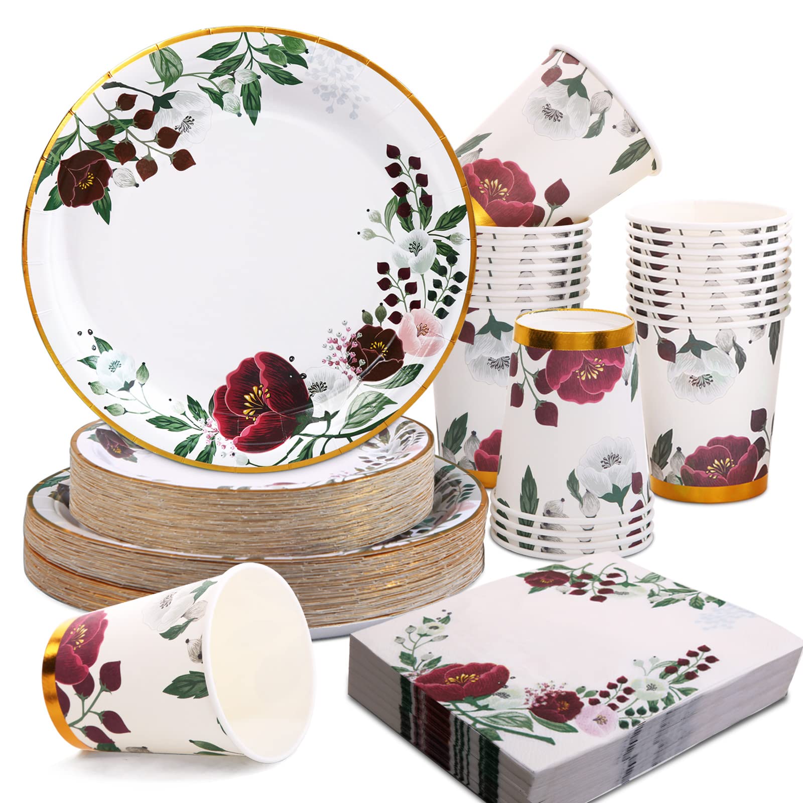Gudvilla 200Pcs Floral Paper Plates and Napkins Party Supplies - Bridal Shower Decorations Serves 50, Burgundy for Wedding, Birthday, Valentine's Day