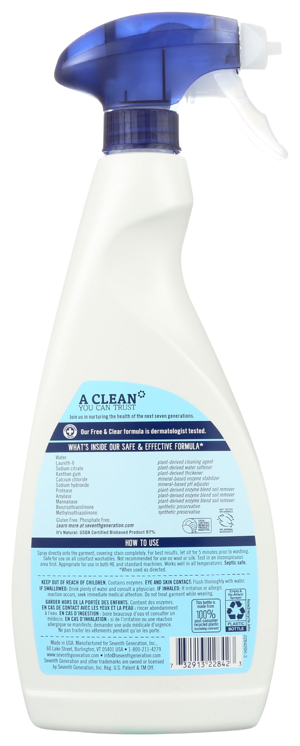 Seventh Generation Natural Laundry Stain Remover, Free & Clear, 16 oz Spray Bottle