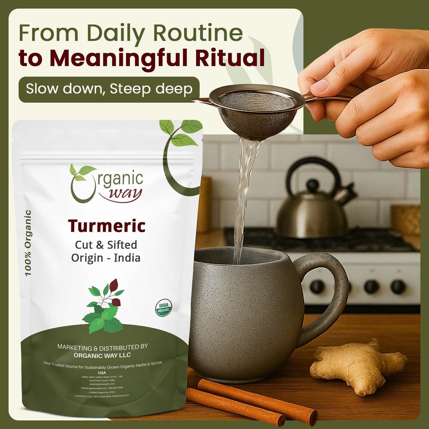 Organic Way Turmeric Root Cut & Sifted (Curcuma Longa) - Herbal Tea | Kosher & USDA Certified | Vegan, Non-GMO & Gluten Free | Tested for Heavy Metal