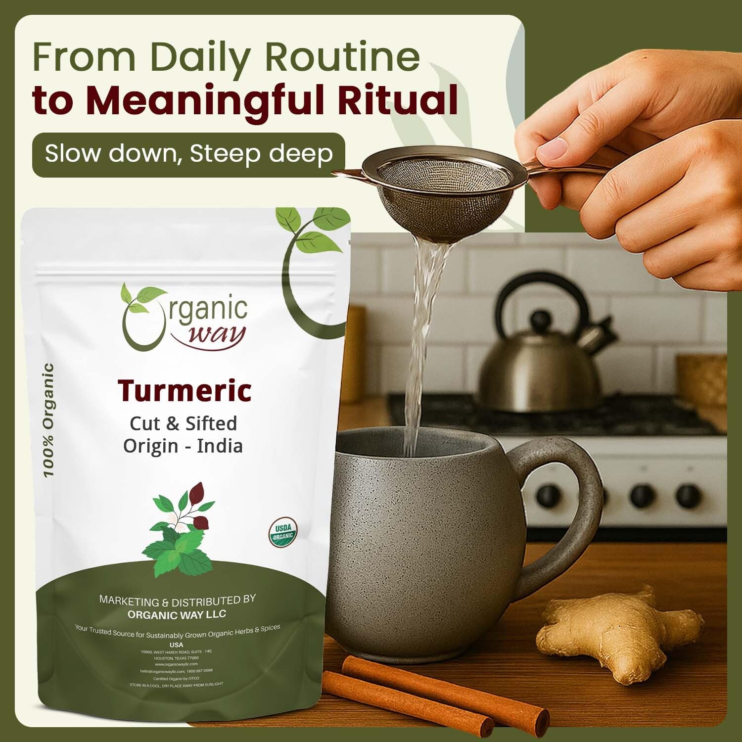 Organic Way Turmeric Root Cut & Sifted (Curcuma Longa) - Herbal Tea | Kosher & USDA Certified | Vegan, Non-GMO & Gluten Free | Tested for Heavy Metal