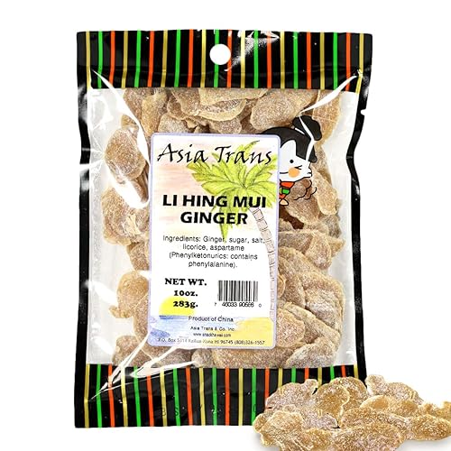 Asia Trans Li Hing Mui Dried Ginger Candy - Crystallized and Preserved Asian Fruit Slices with Plum Powder - Fresh-Packed Chews with Light Sugar
