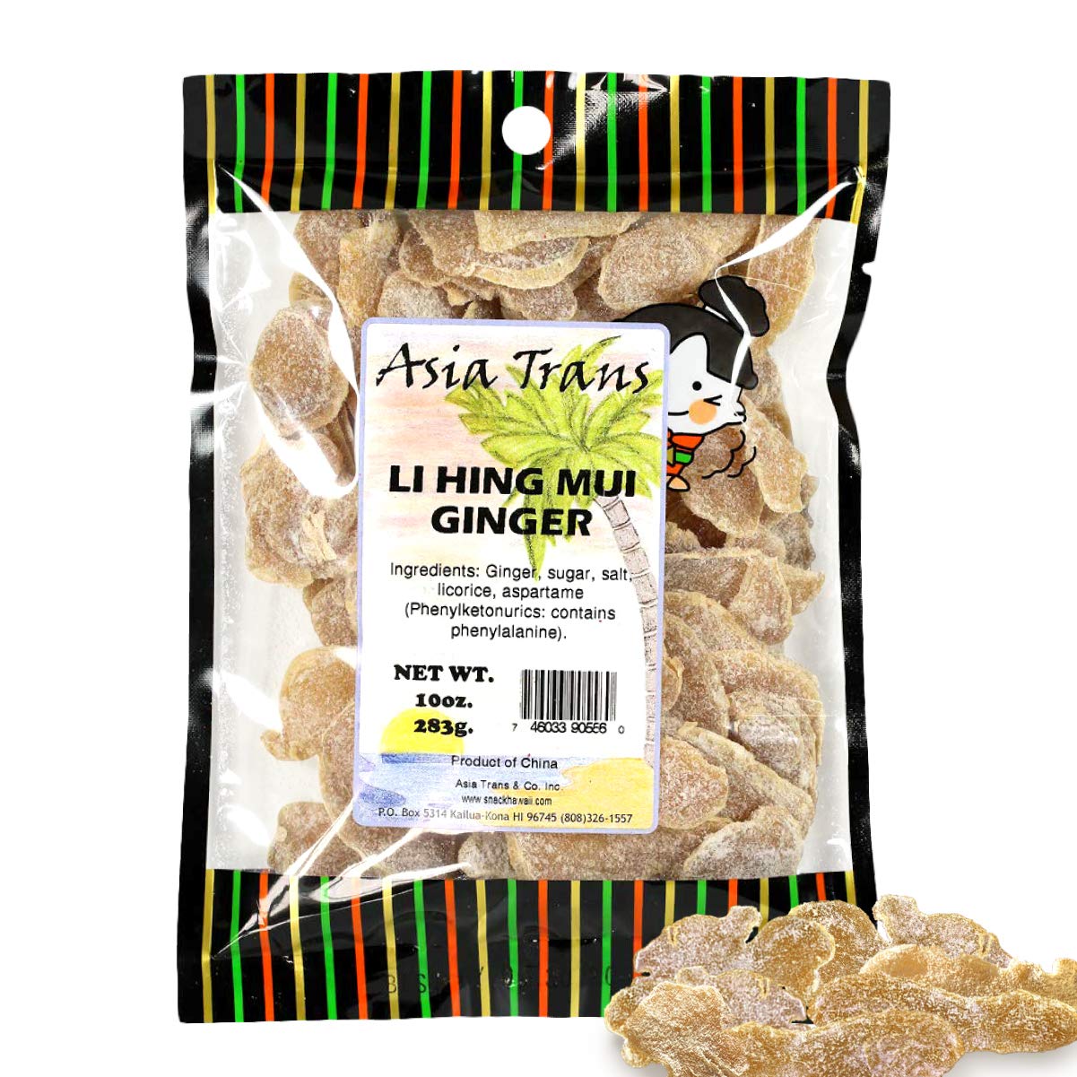 Asia Trans Li Hing Mui Dried Ginger Candy - Crystallized and Preserved Asian Fruit Slices with Plum Powder - Fresh-Packed Chews with Light Sugar