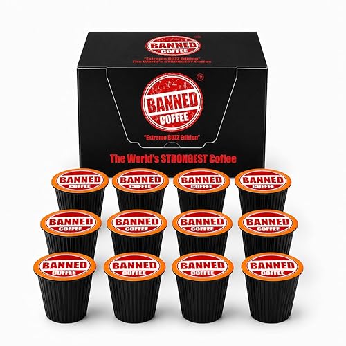 Banned Coffee ™ Strongest High Caffeine Coffee Pods for Keurig ® Brewers - Extra Strong Medium Dark Roast K-Cups - Bold Flavor, Smooth Finish - 12