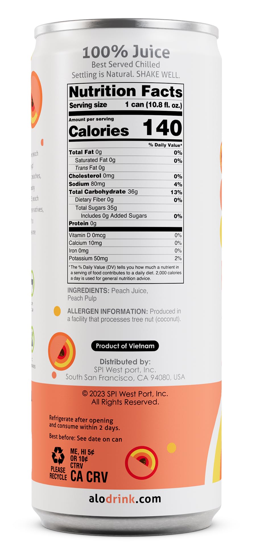 ALO Slim Can Juice, Peach with Real Fruit Pulp| 10.82 fl oz, Pack of 12 | Plant-Based Beverage, 100% Natural Juice