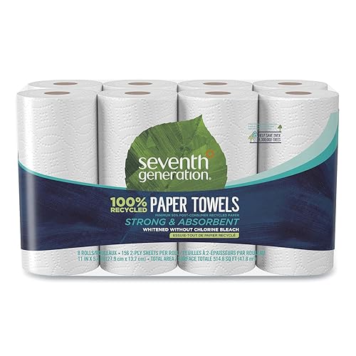 Seventh Generation 2-Ply Paper Towels, 11" x 5 7/16", 100% Recycled, White, 156 Sheets Per Roll, Pack of 8 Rolls