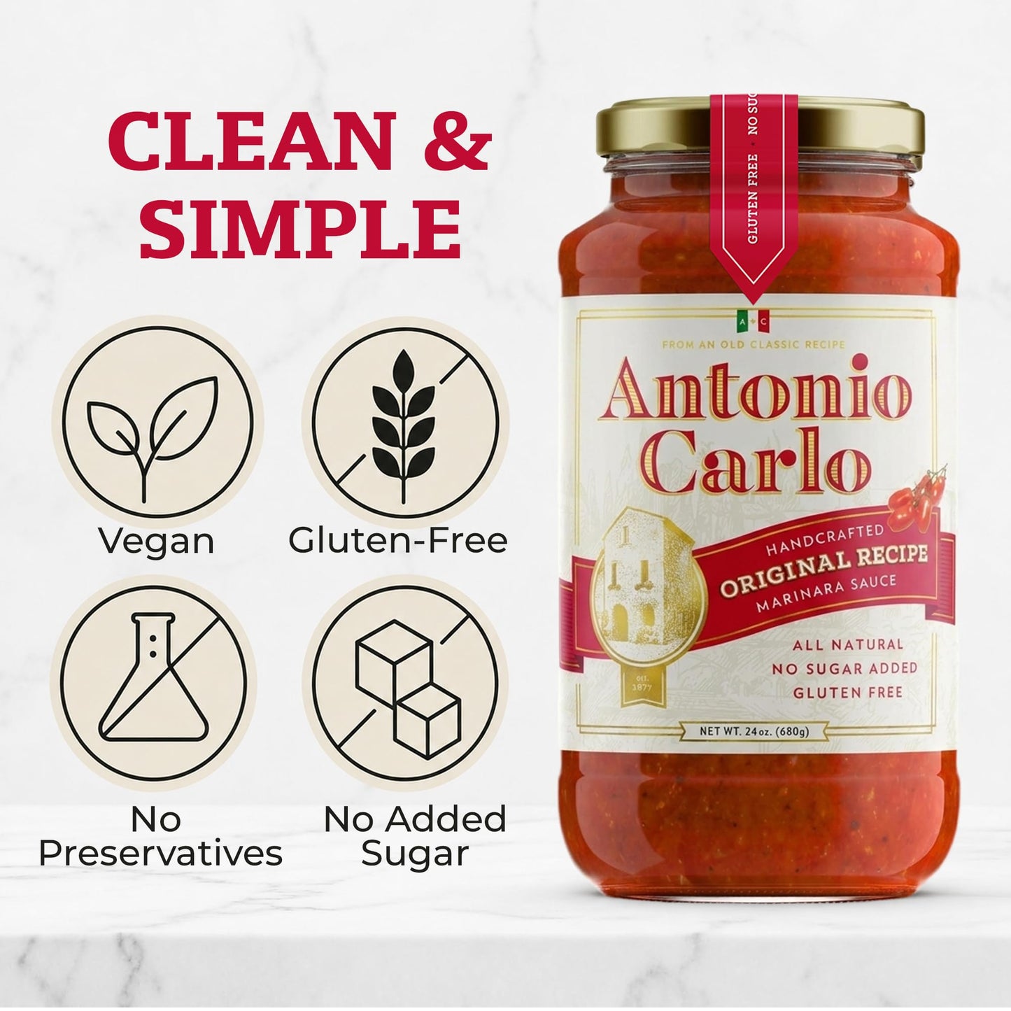 Antonio Carlo 3rd Generation Italian-Style Handmade Gourmet Marinara Pasta Sauce - Non-Dairy, Gluten-Free, Fresh Pasta Sauce with No Sugar Added