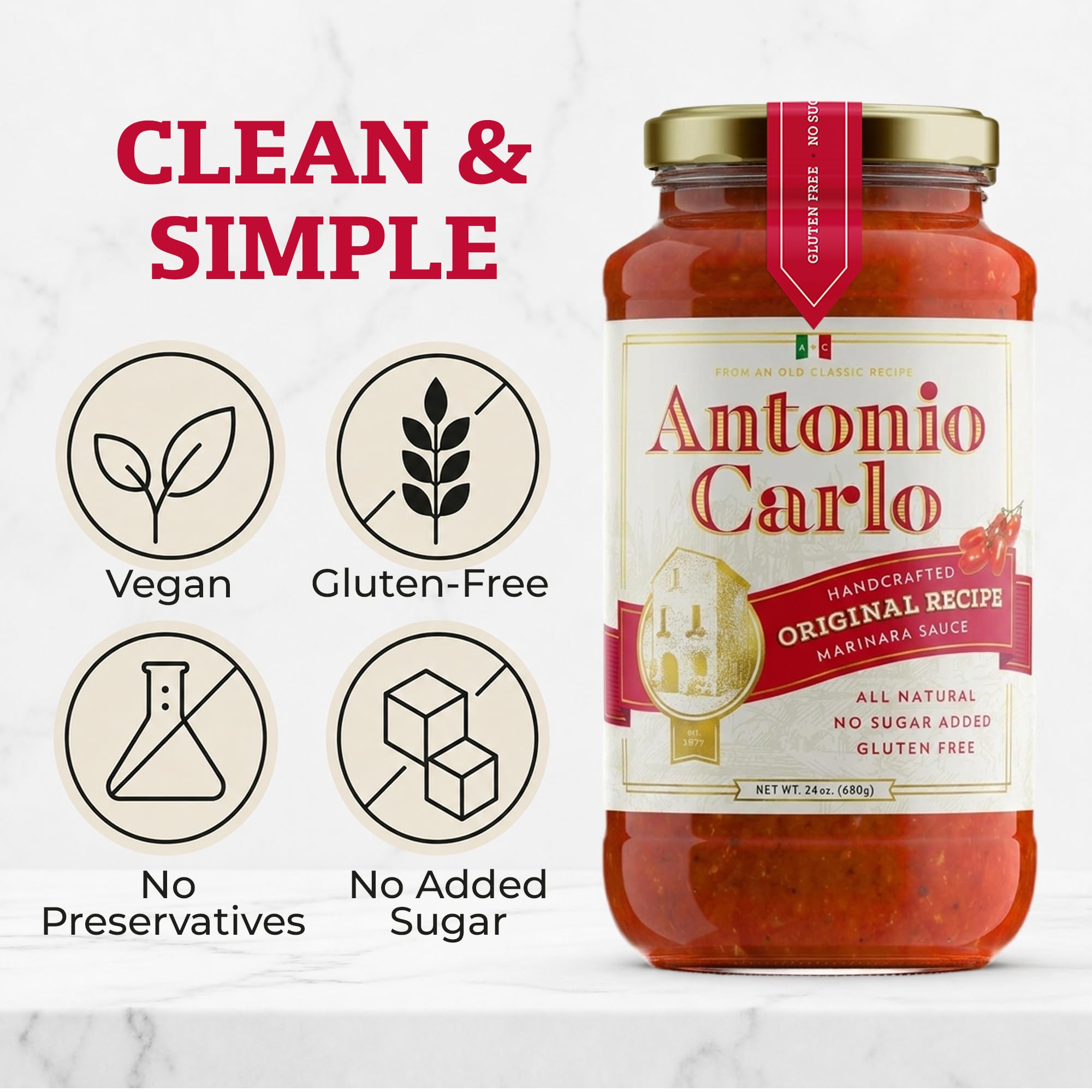 Antonio Carlo 3rd Generation Italian-Style Handmade Gourmet Marinara Pasta Sauce - Non-Dairy, Gluten-Free, Fresh Pasta Sauce with No Sugar Added