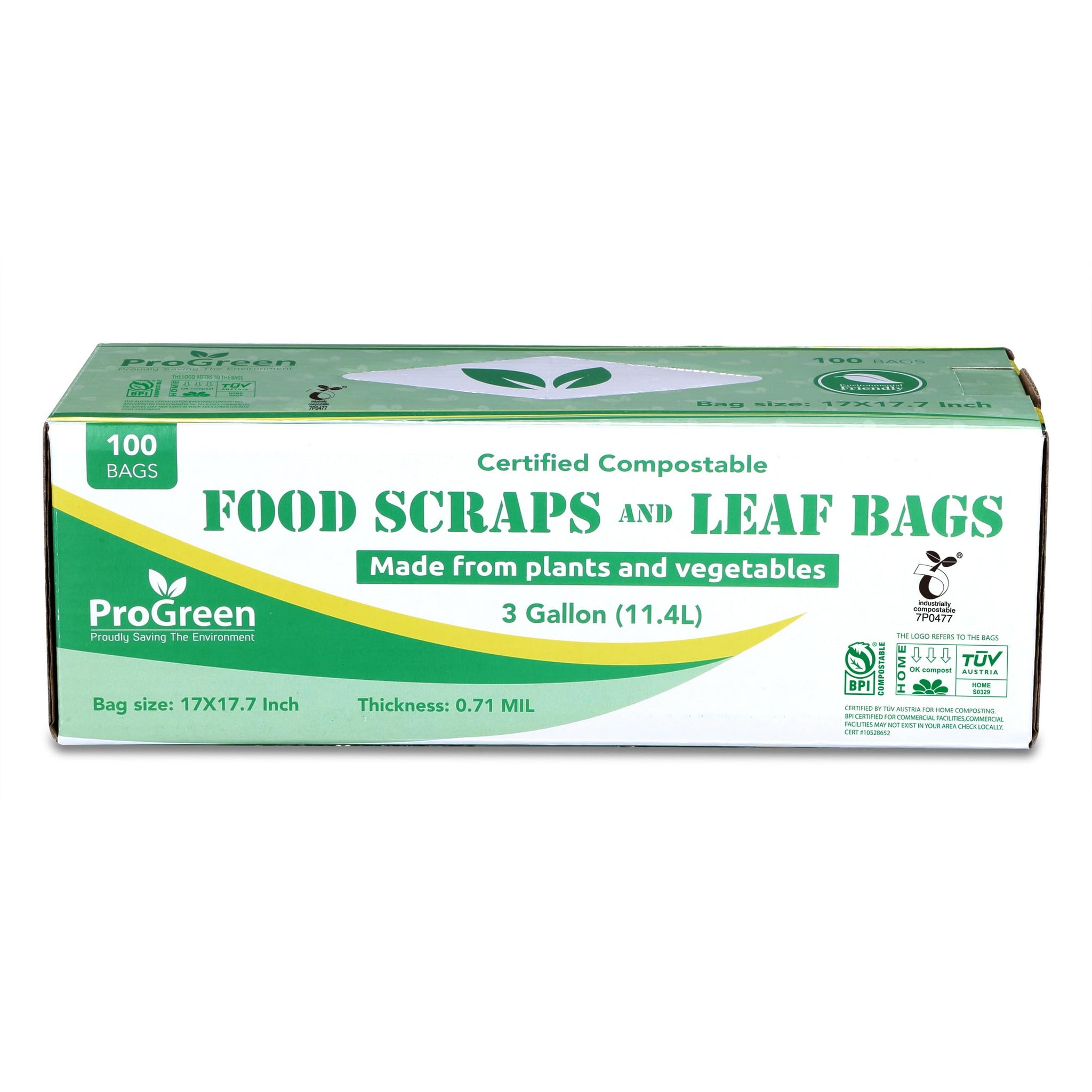 ProGreen Compostable Trash Bags 3 Gallon, Extra Thick 0.71 Mil, 100 Count, Small Kitchen Compost Bin Bags, Food Scraps Yard Waste Bags, Compost ASTM