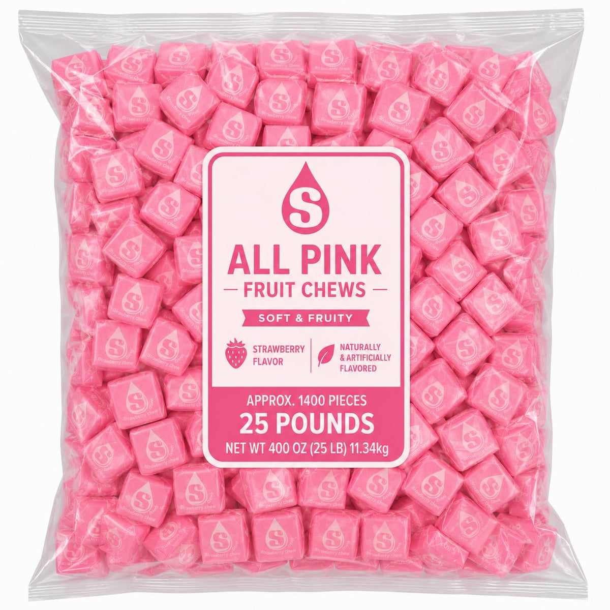 Chewy Fruit Candy Squares All Pink Strawberry Flavor Bulk Bag - 25 lb (Approx. 2250 pieces)