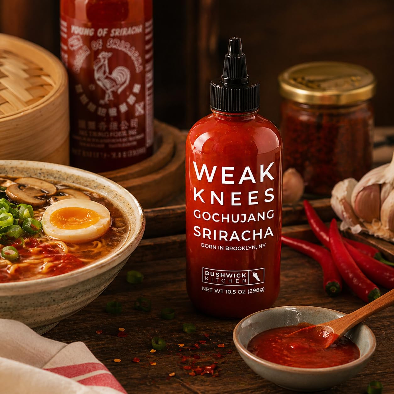 Weak Knees Gochujang Sriracha Hot Sauce - Infused with Bold Korean Gochujang Paste & Classic Spicy Sriracha for Noodles, Rice & Marinades - Made in