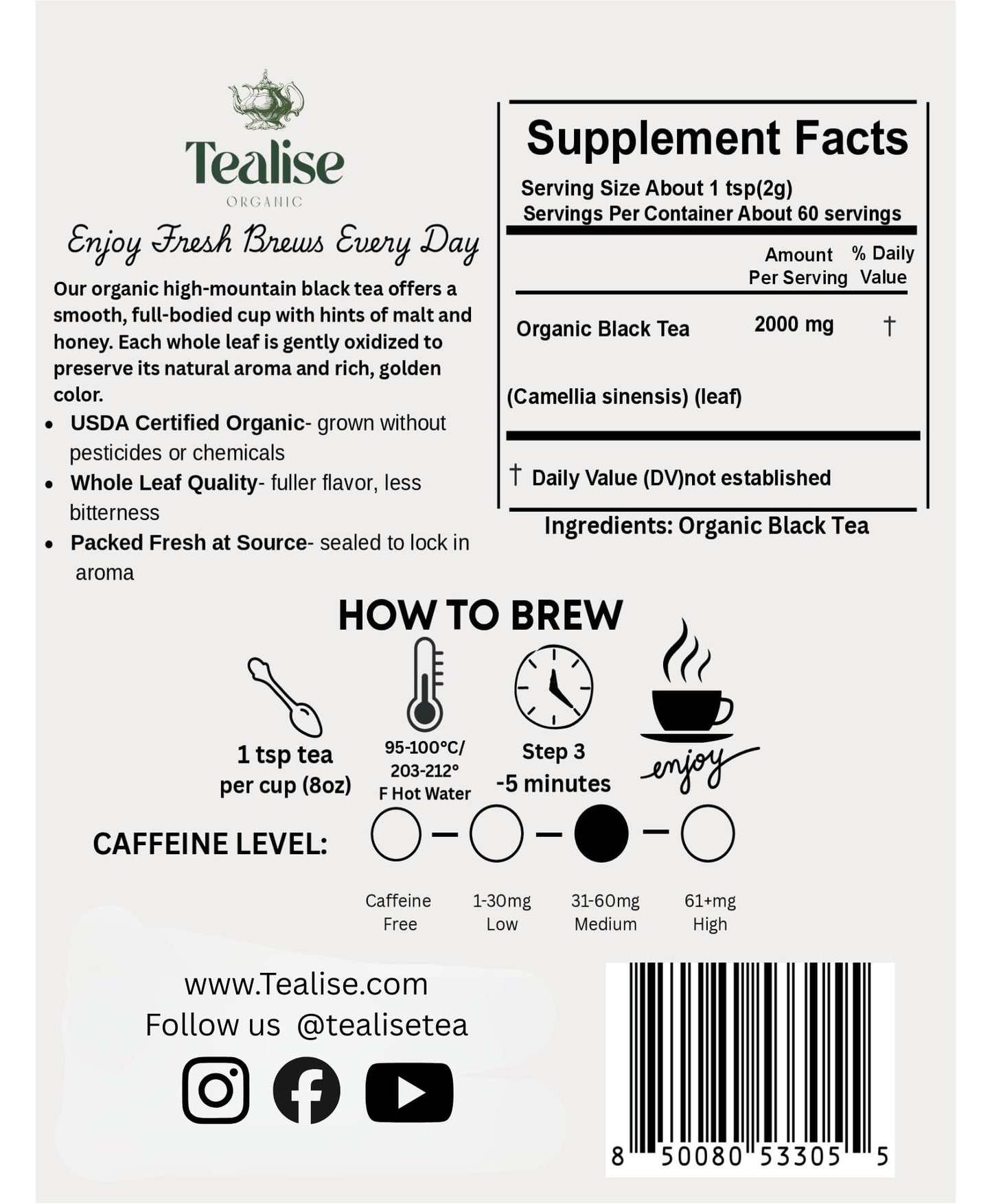 Organic Black Tea Plant-Based & Plastic-Free Tea Bags 60 Servings Premium Whole Leaf Loose Tea by Tealise