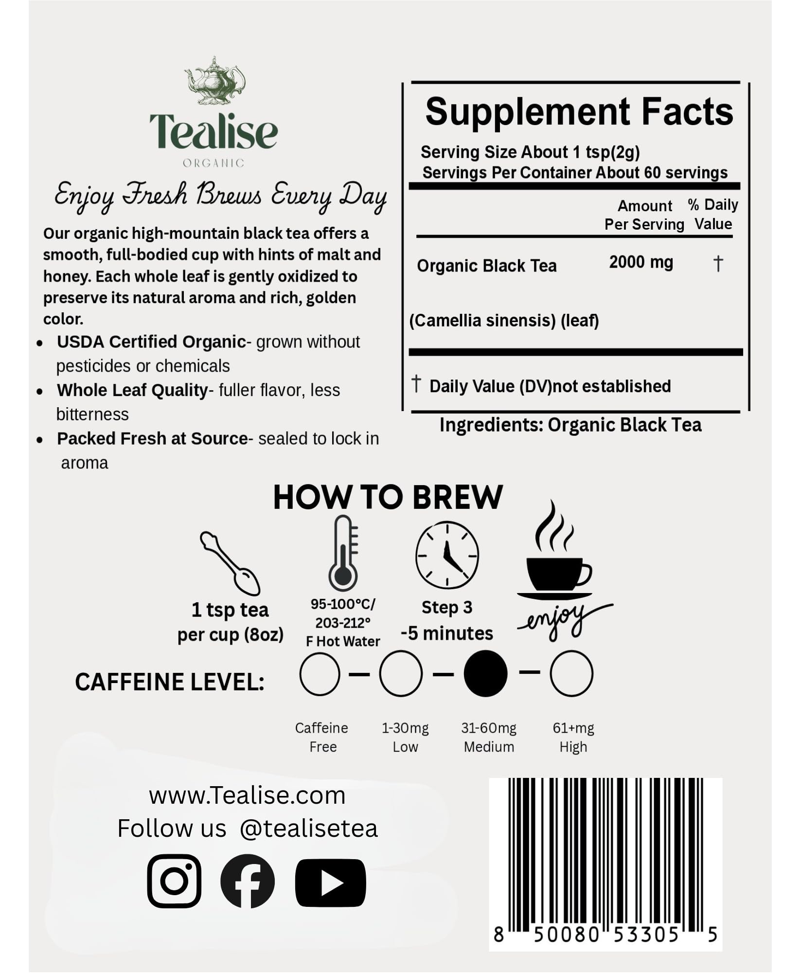 Organic Black Tea Plant-Based & Plastic-Free Tea Bags 60 Servings Premium Whole Leaf Loose Tea by Tealise