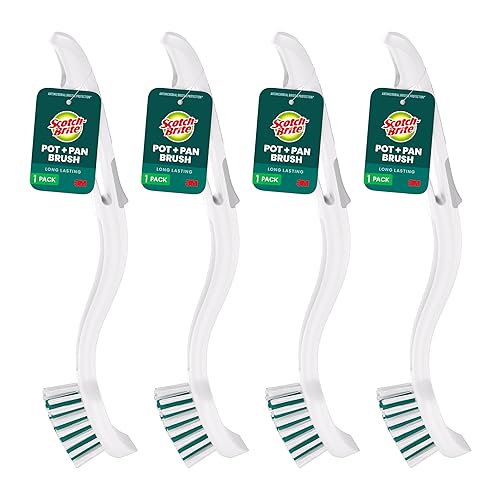 Scotch-Brite Pot + Pan Brush, Durable and Long Lasting Dish Brush with Handle for Scrubbing Stainless Steel, Outdoor Furniture, and Sinks without
