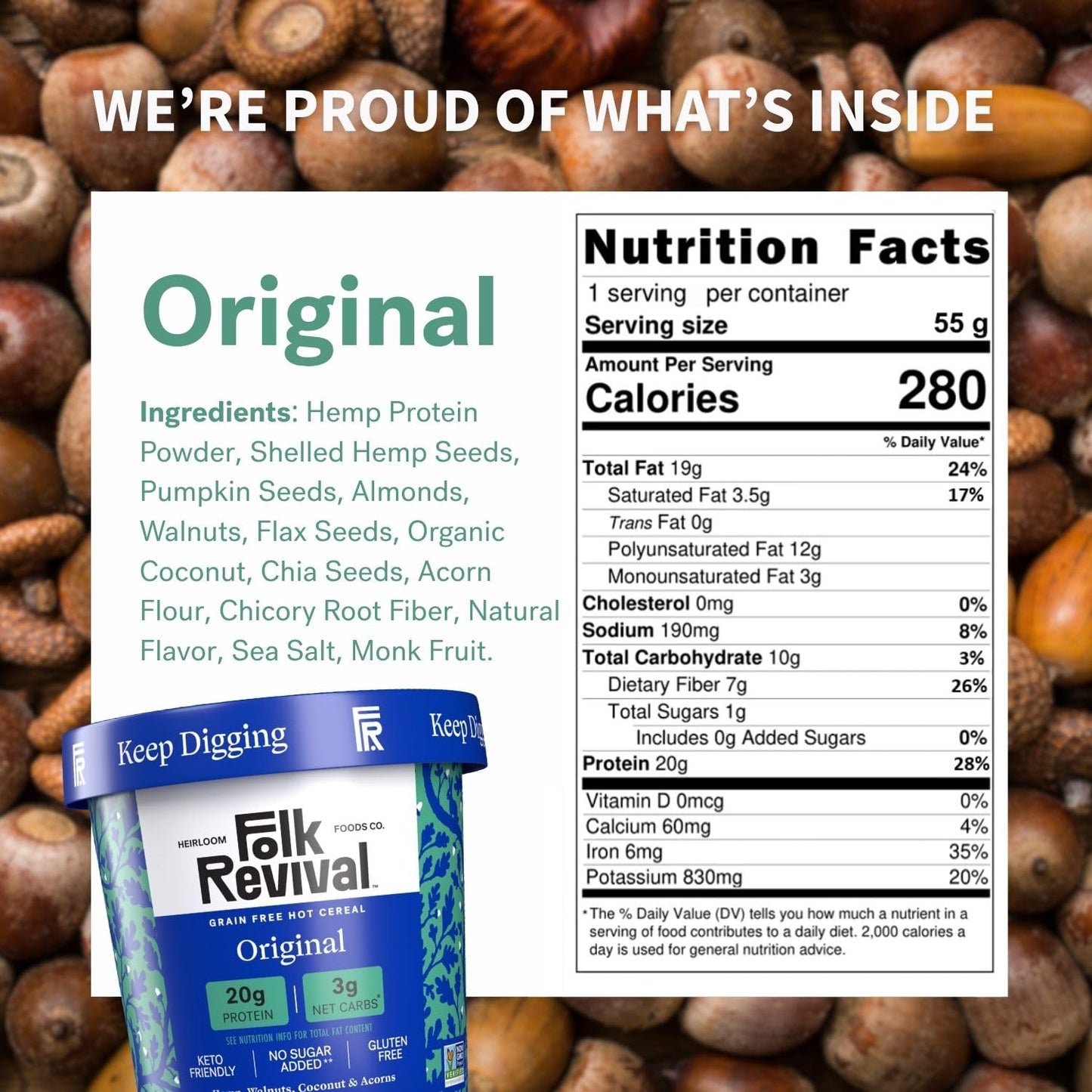 Folk Revival Original Keto Instant 'Oatmeal' - 20g Protein, 3g Net Carbs, High Fiber, Non GMO, Gluten Free, Made with Acorns - 6 Cups Per Case