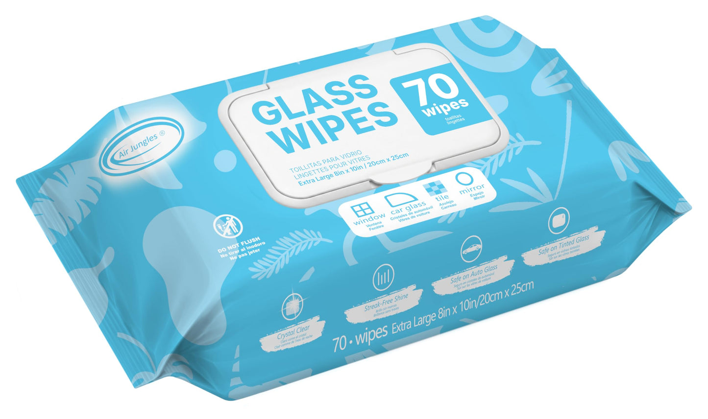 Air Jungles Glass Cleaner Wipes 70 Count, No Cloth Needed, XL 10" x 8" Streak Free Cleaning Wipes for Windows, Mirrors, Car Windshield, Removes