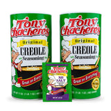 Tony Chachere's Creole and Cajun Seasoning Canisters (2 Pack + Packet) (2 Pack, Original with No Salt Packet)
