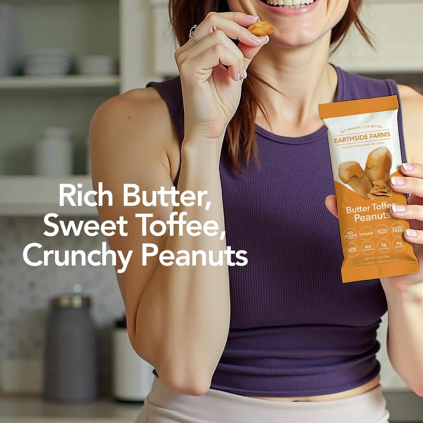 Earthside Farms Butter Toffee Peanuts, 16 Count 1oz Single Serve Snack Packs, No Sugar Added, Keto Friendly, Vegan, Gluten Free, Non GMO, Low Carb