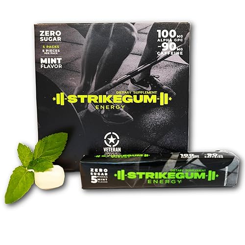 Strike Gum 5 packs of 5 Pieces |90mg natural caffeine|100mg alpha gpc| Sugar Free| Vegan | Made in the USA | Premium Energy Gum