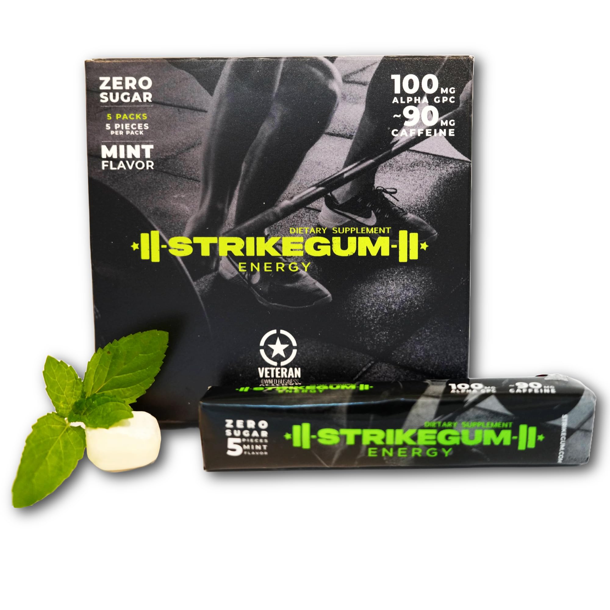 Strike Gum 5 packs of 5 Pieces |90mg Natural Caffeine|100mg Alpha Gpc| Sugar Free| Vegan | Made in the USA | Premium Energy Gum