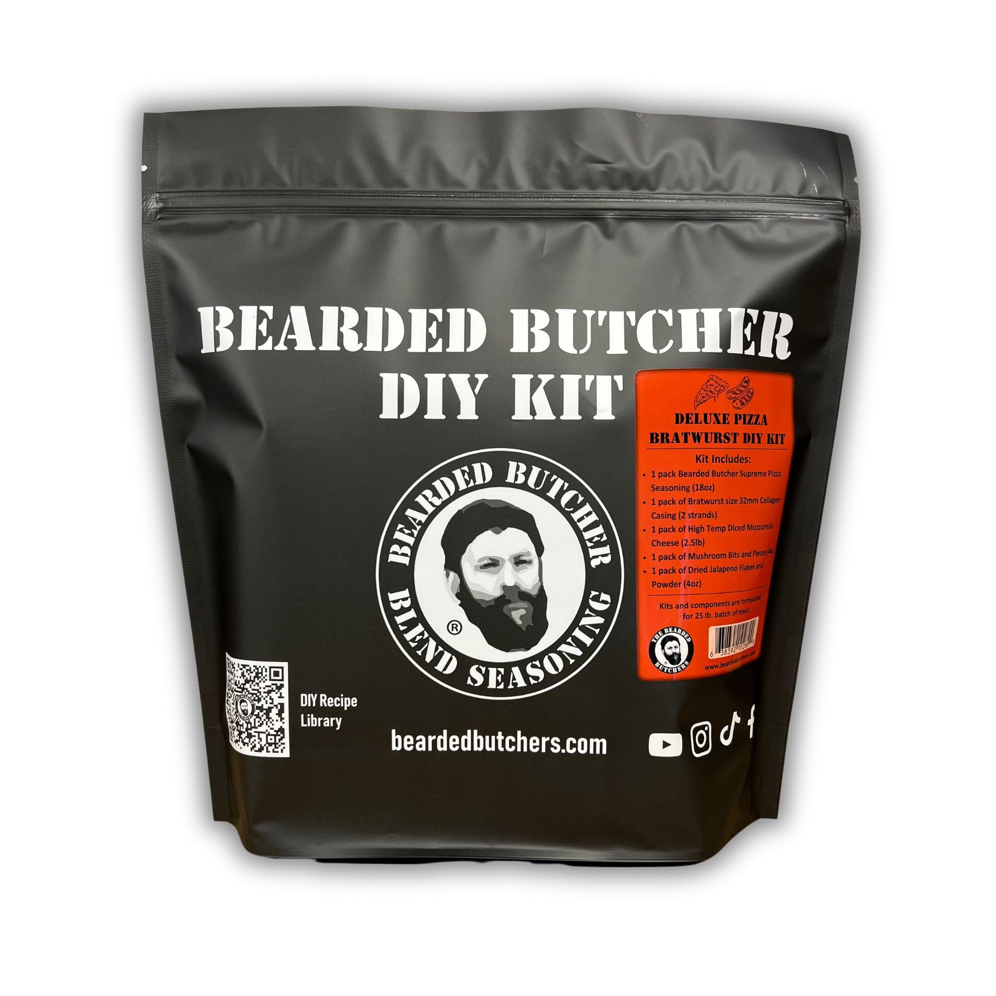 Bearded Butchers DELUXE Pizza Bratwurst DIY Kit - Make Flavorful Custom Brats at Home - Includes Supreme Pizza Seasoning, Mozzarella Cheese
