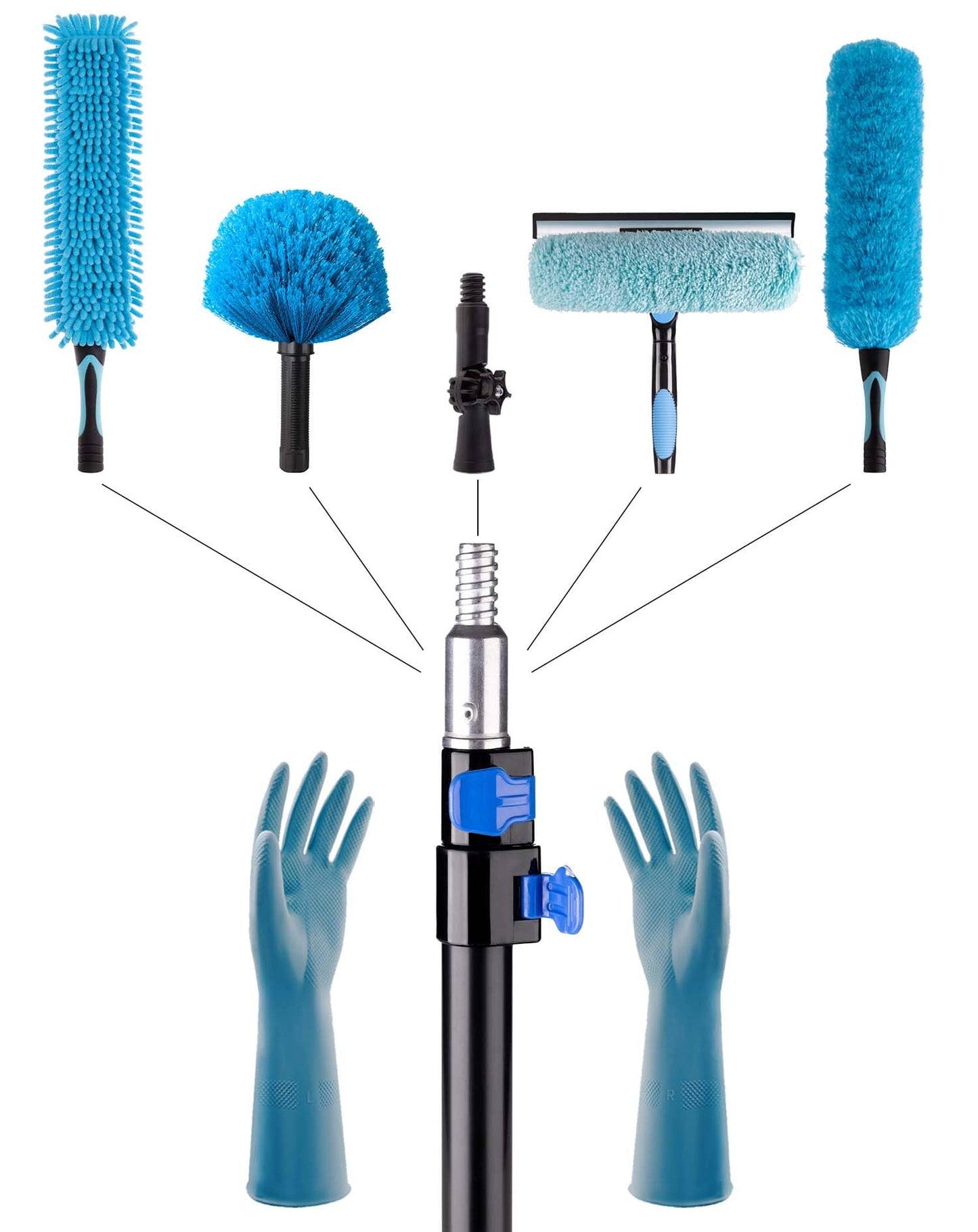 APMOLAR 20 Foot High Reach Ceiling Fan Duster with 5-12ft Heavy Duty Extension Pole, Microfiber Feather, Cobweb Duster, Window Squeegee Kit, Cleaning
