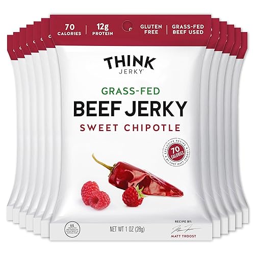 Think Jerky Sweet Chipotle Beef Jerky, Grass-Fed High Protein Beef, Gluten Free, No Antibiotics or Nitrates, Healthy Chef Crafted Recipe, Low Calorie
