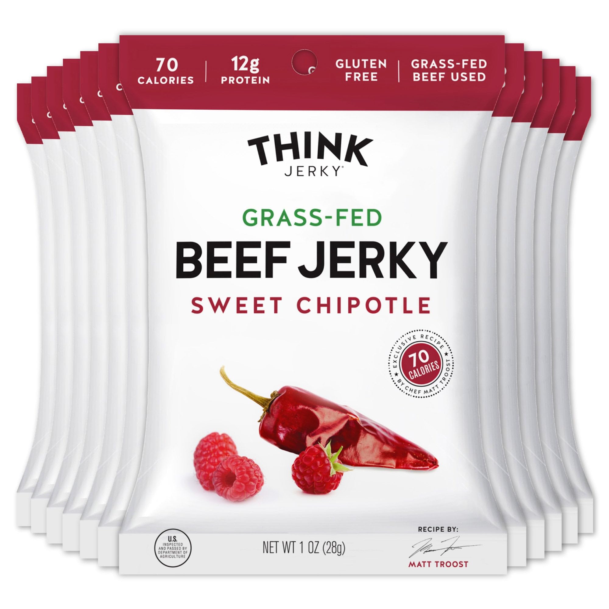 Think Jerky Sweet Chipotle Beef Jerky, Grass-Fed High Protein Beef, Gluten Free, No Antibiotics or Nitrates, Healthy Chef Crafted Recipe, Low Calorie