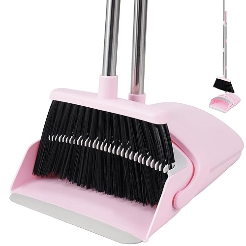 BSKLIN Broom and Dustpan Set for Home, 52” Long Handle Broom with Dustpan Combo Set with Dust Pan Teeth to Clean Hair Sweeping Set for Kitchen