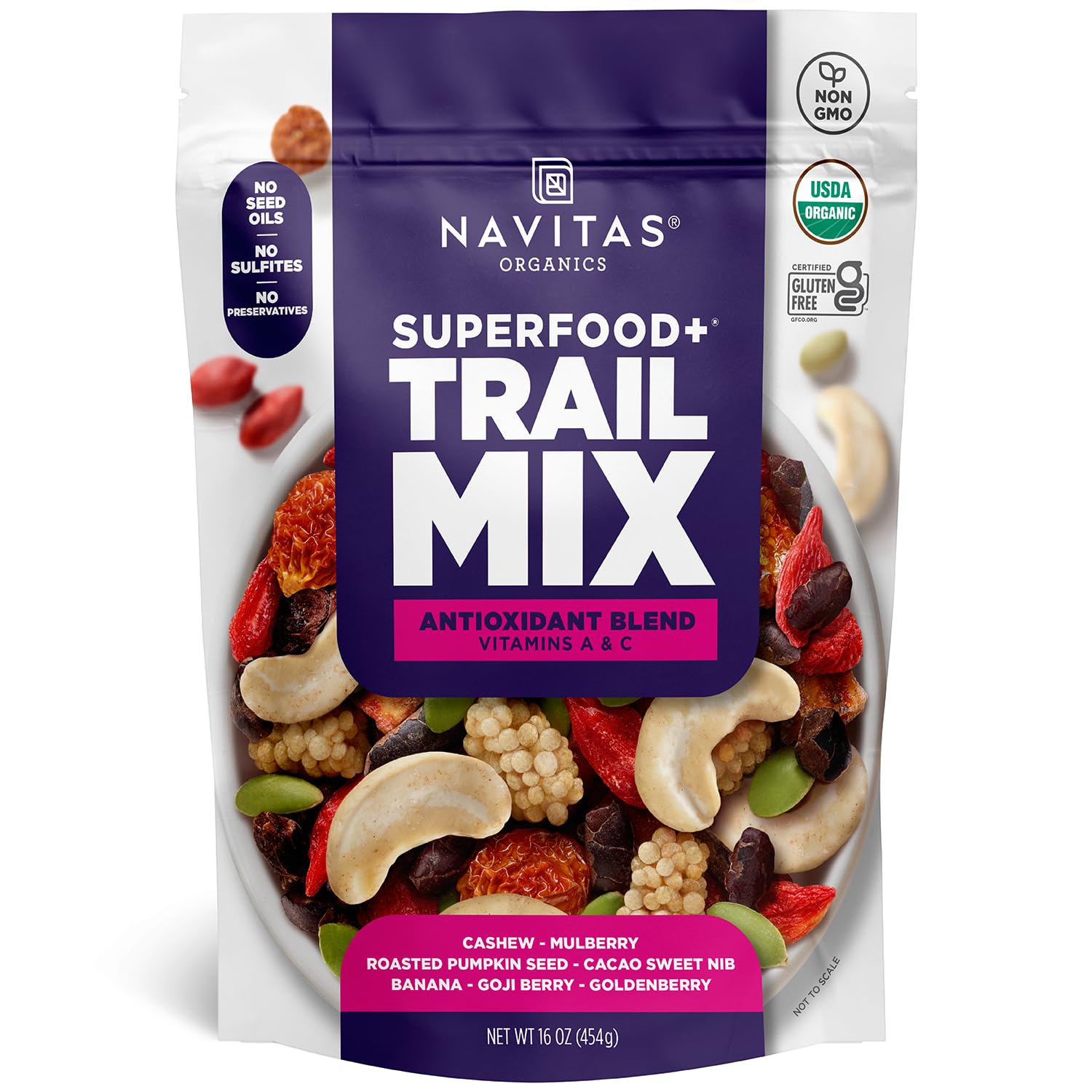 Navitas Organics Trail Mix Antioxidant Blend - Superfood Trail Mix - Antioxidant Rich Snacks - Fiber & Minerals - No Seed Oils - USDA Organic, Non