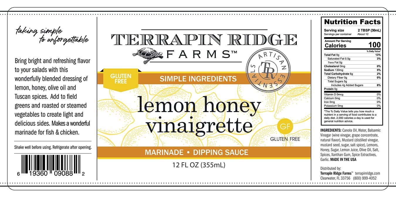 Terrapin Ridge Farms Lemon Honey Vinaigrette Dressing - Light and Zesty Marinade for Salads, Fish & Chicken, Gluten & Dairy Free - 12 fl oz bottle