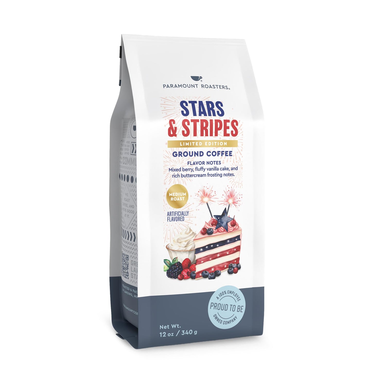 Paramount Roasters Stars & Stripes Birthday Cake Flavored Coffee, 12oz Ground 100% Arabica - Buttercream & Mixed Berry, Patriotic Limited Edition