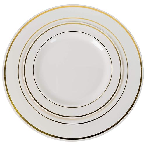 Exquisite 40 Gold Line Plastic Plates (20-dinner 20-dessert) Set Premium Heavyweight Plastic Wedding Like China