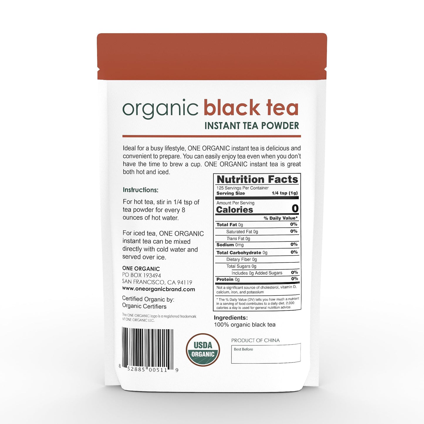 ONE ORGANIC Instant Tea Powder (Black) - 4.4 oz. - 125 Servings - USDA Certified Organic - 100% Pure Tea - Instant Hot or Iced - Unsweetened