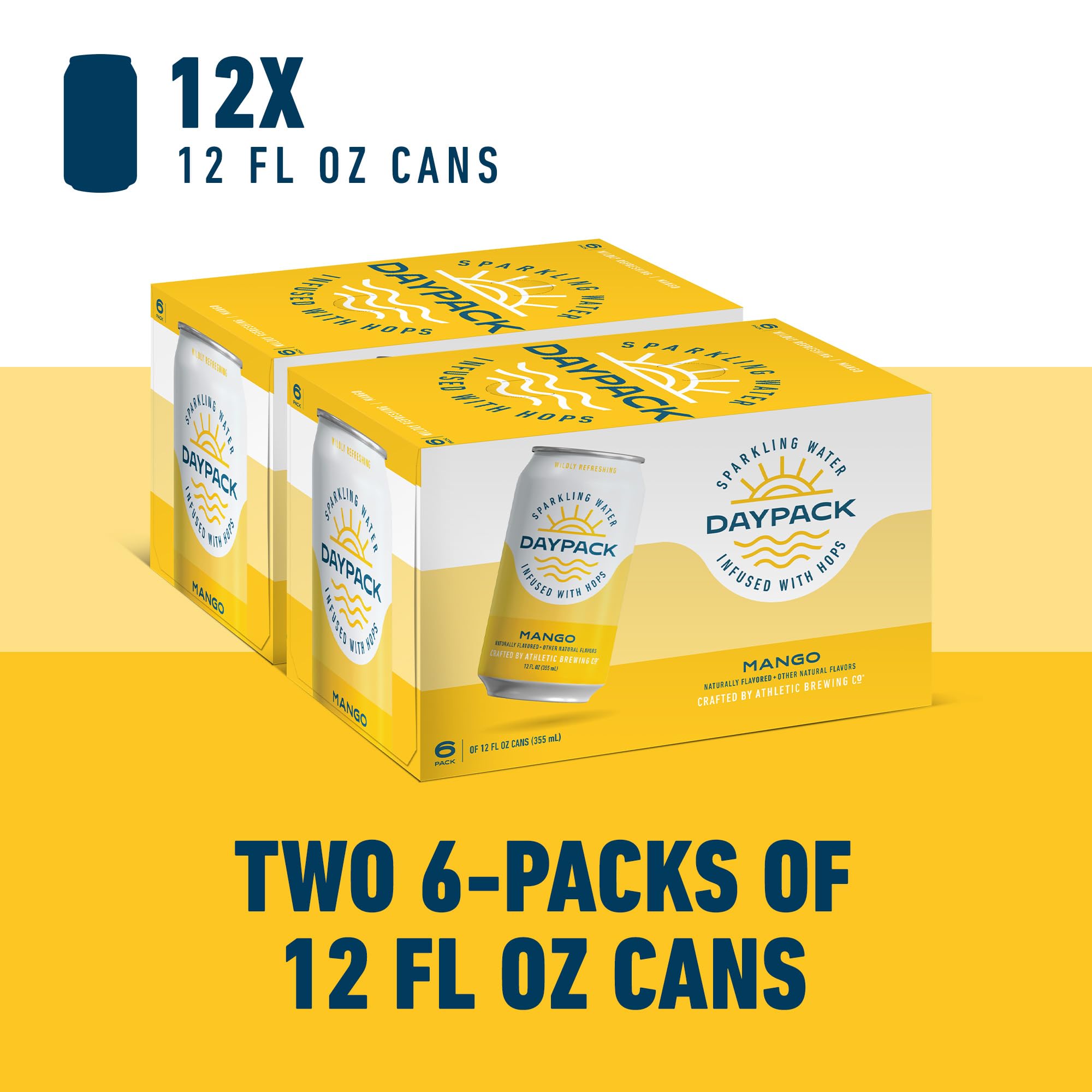 Athletic Brewing Company Daypack Sparkling Water Infused With Hops, Gluten Free & Vegan Soda Water, Zero Calorie, Natural Flavors, Mango, 12 Pack, 12
