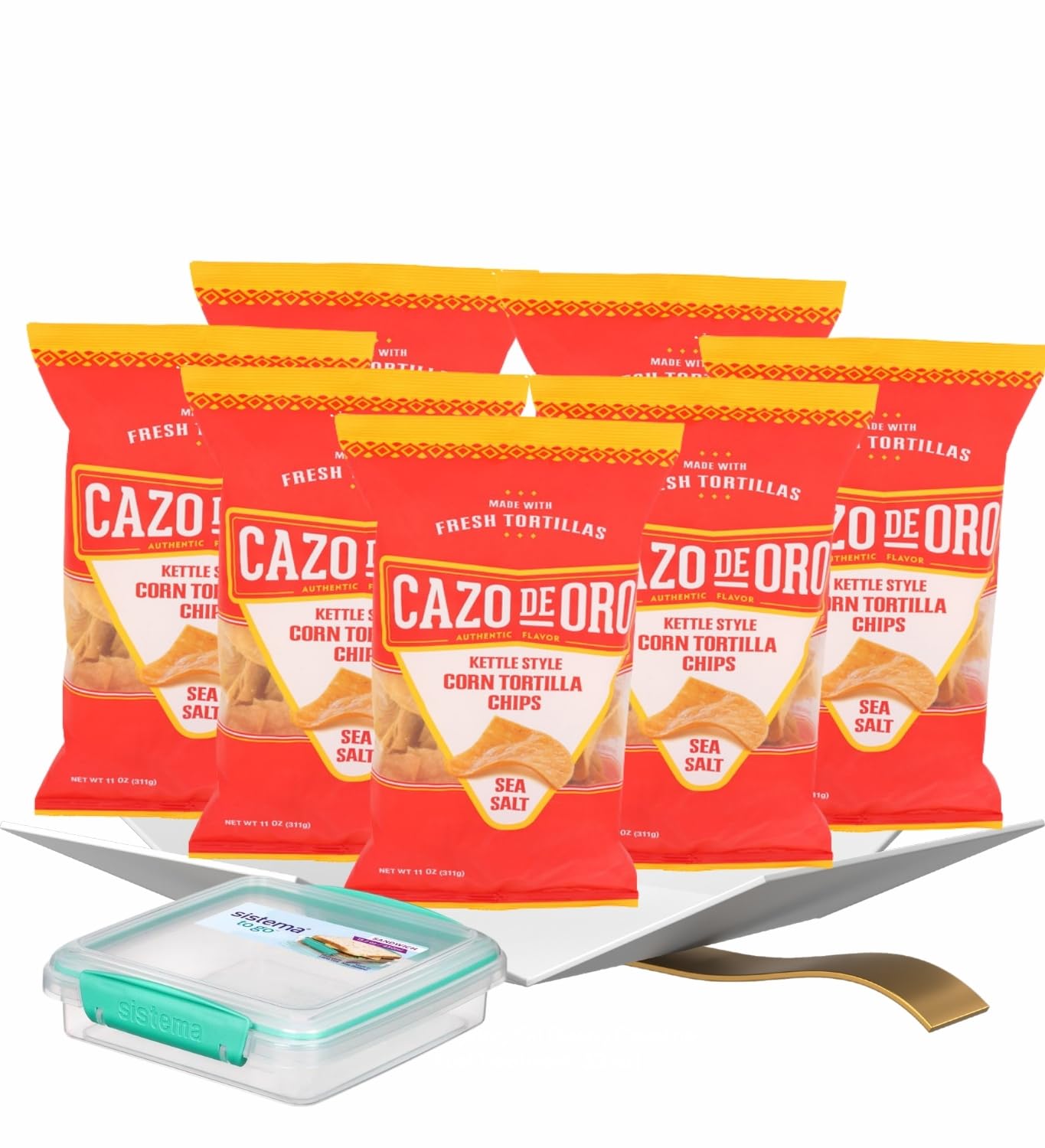 7x Chips Tortilla Original, 11 OZ Bundle with Sandwich Box for Convenient Storage and Portion Control Nacho Chips - Gift Set (8 Items)