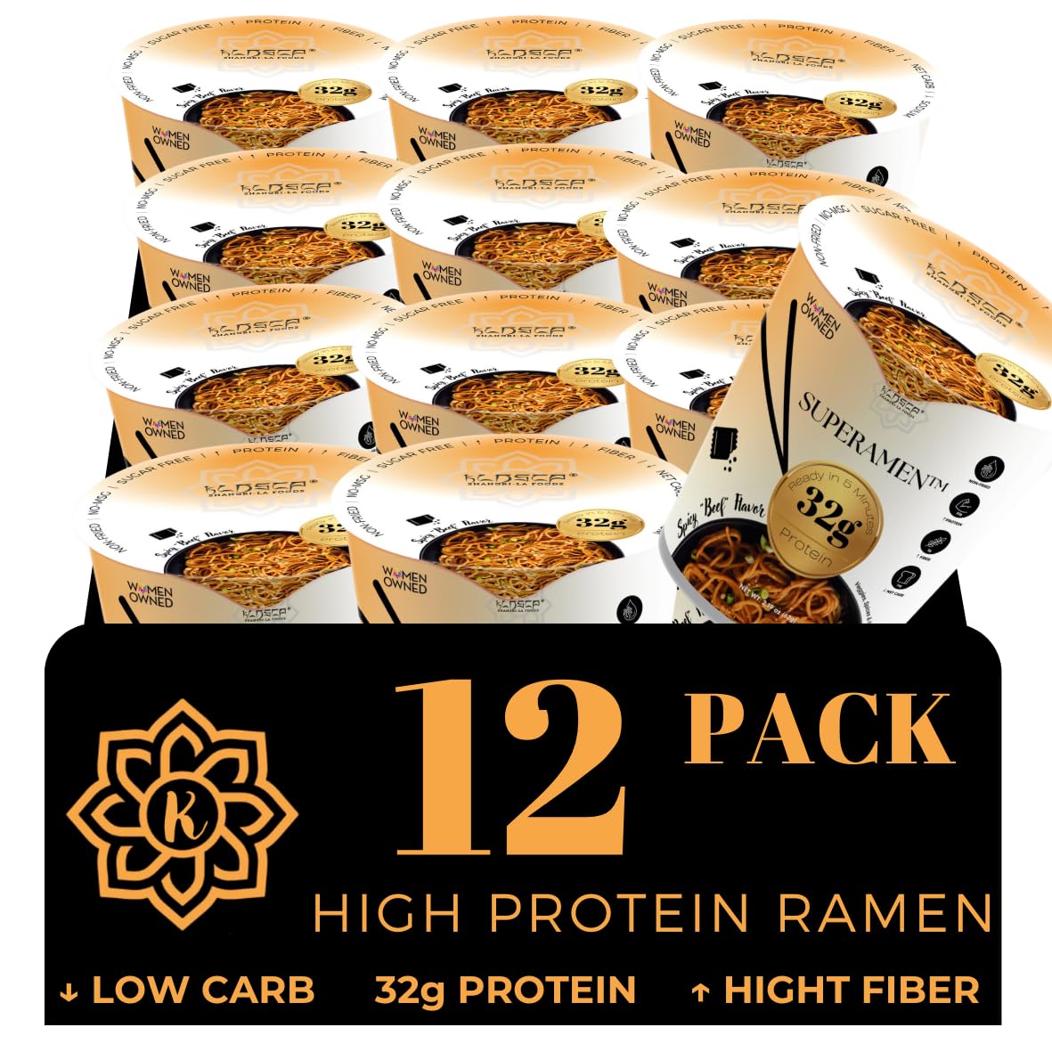 KLDSCP Protein Ramen Instant Noodles Soup “Spicy” Beef Flavor, 32g High Plant-Based Protein, 12 Packs, Non-Fried, Vegan, Low Fat, Non-GMO, Egg & Dairy