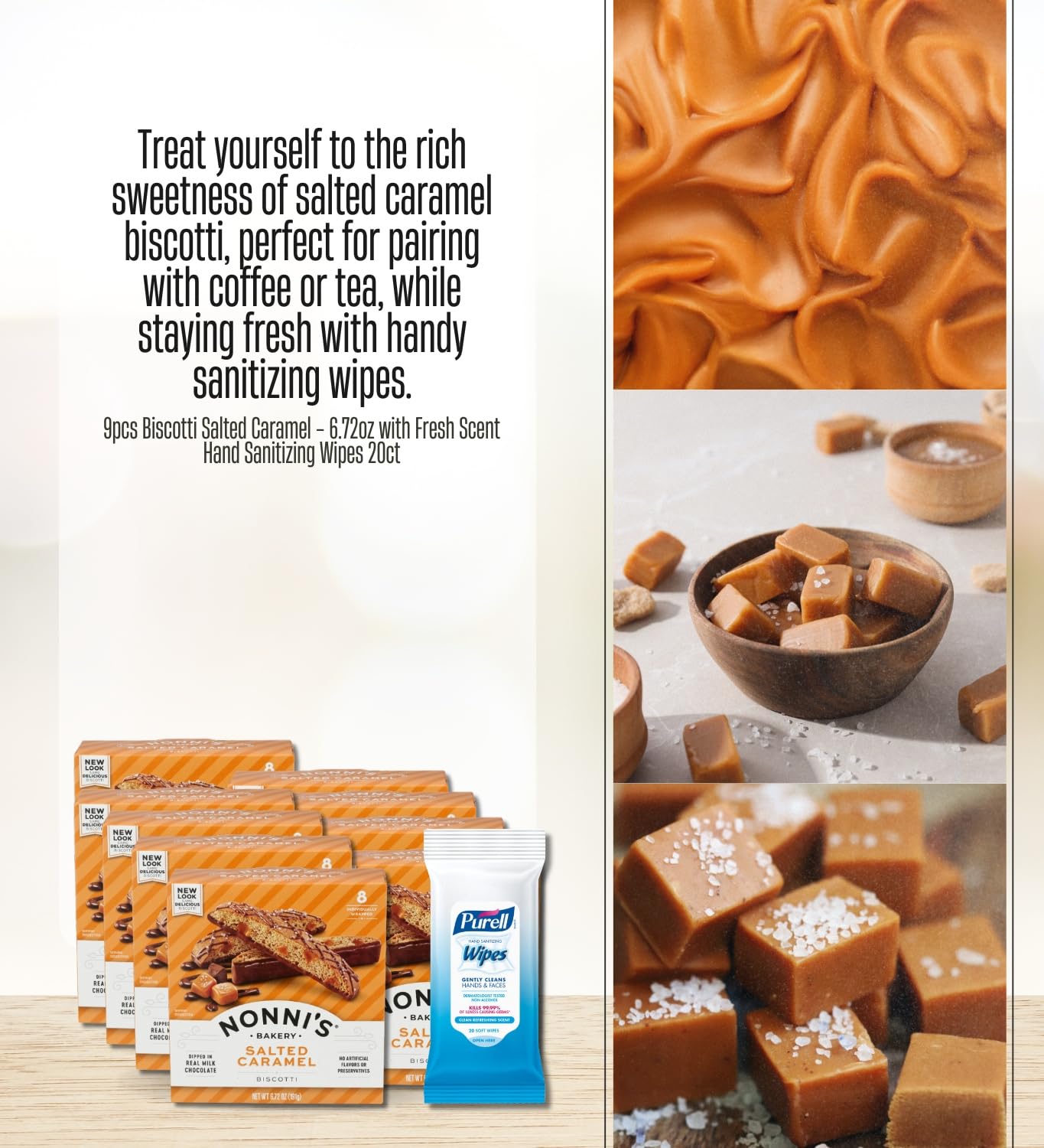 9x Nonnis Biscotti Salted Caramel 6.72 OZ Bundle with Hand Sanitizing Wipes - Crunchy Italian Biscotti with Caramel Flavor Plus Convenient Wipes