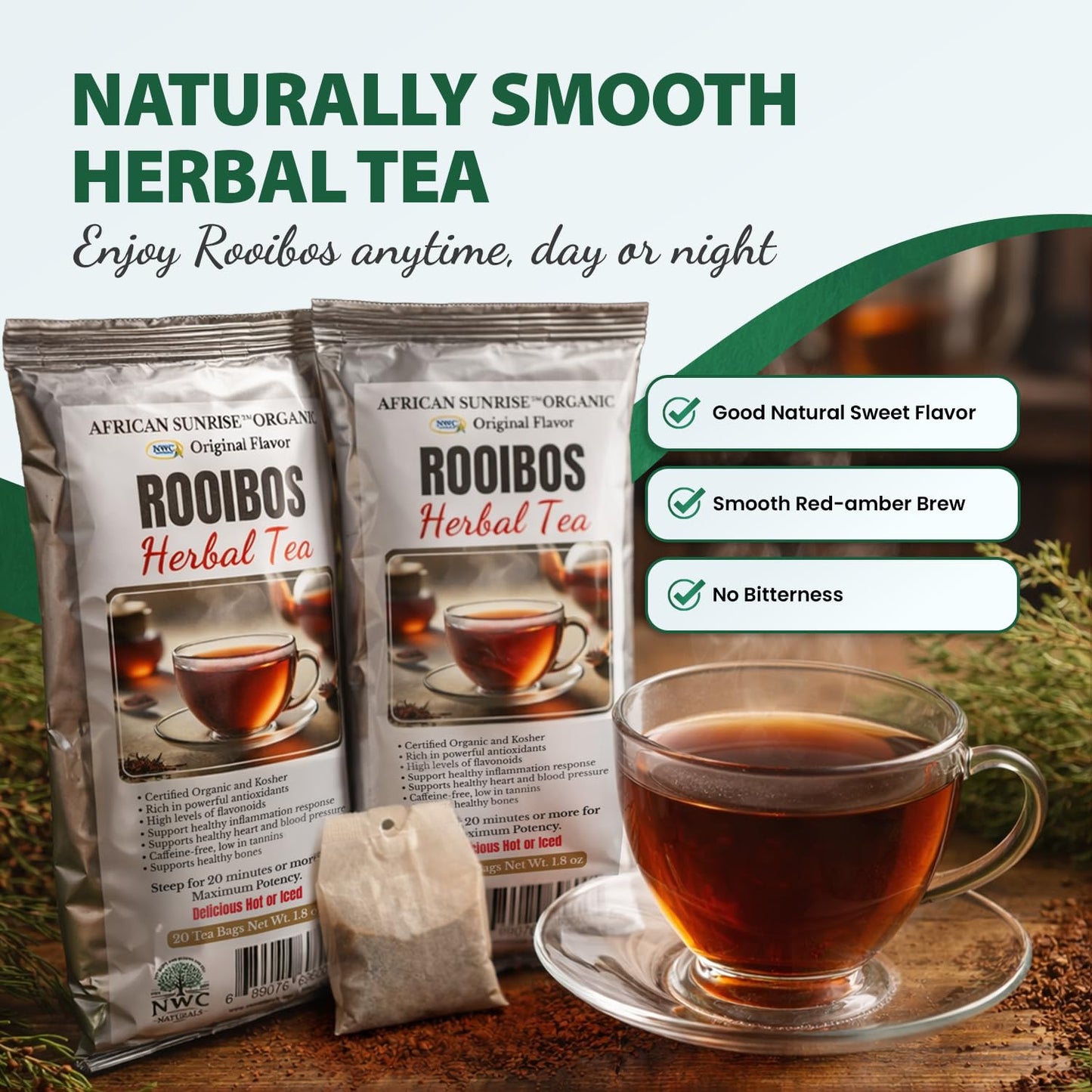 NWC Naturals African Sunrise Organic Rooibos Tea, Non-GMO, Caffeine Free, Kosher, Organic - 20 Count Tea Bags